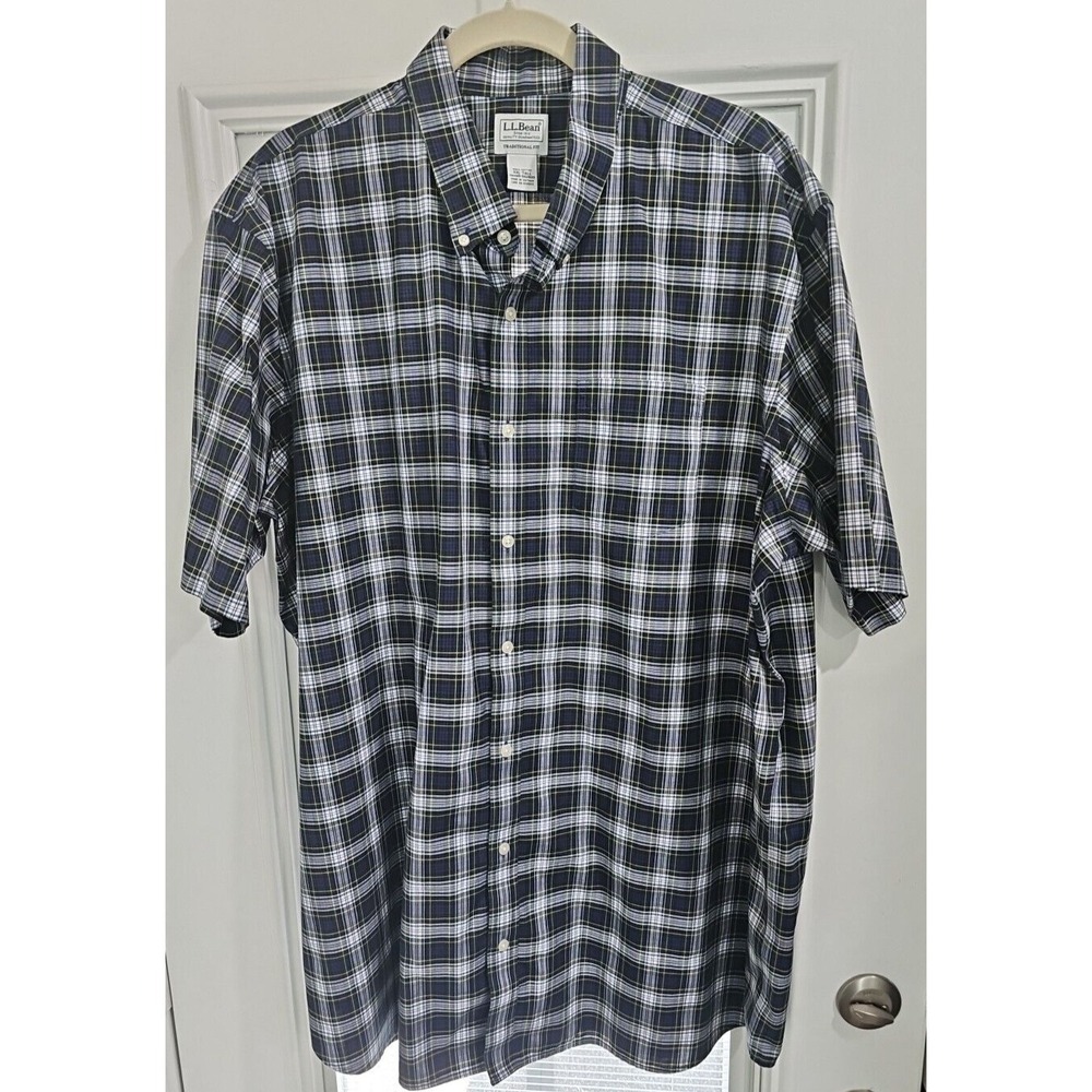 LL Bean Men's 2XL Long Sleeve Navy Blue Yellow White PlaidTraditional Fit  Shirt